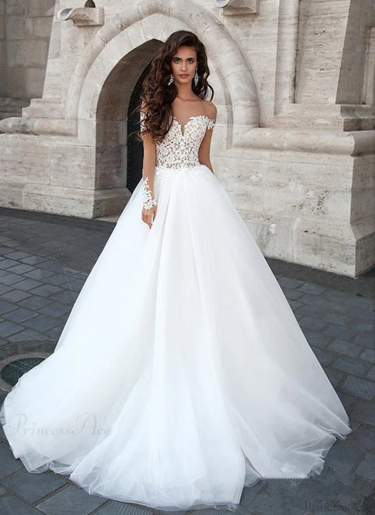 Off-Shoulder V-Neck Sheer Wedding Dress White / 2 weddingdress-250223