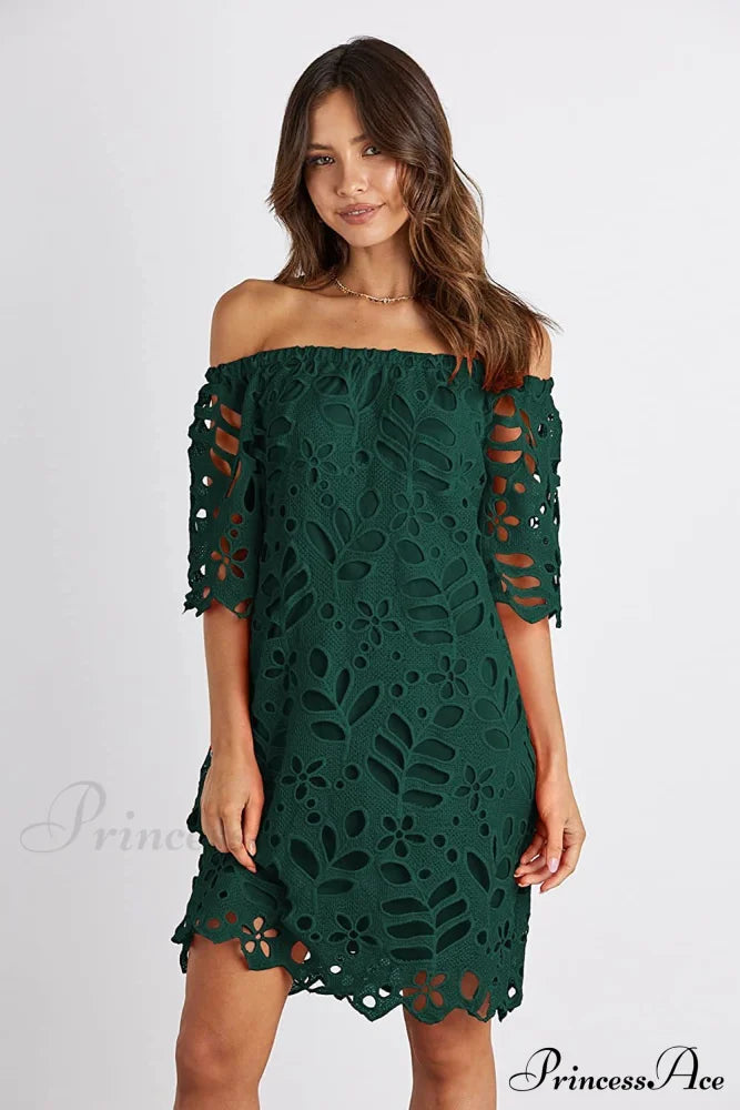 Off The Shoulder Lace Fitted Dress M / Black Short Sleeve Lace Dress