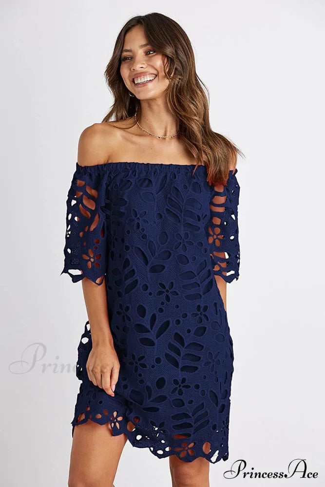 Off The Shoulder Lace Fitted Dress S / Blue Short Sleeve Lace Dress