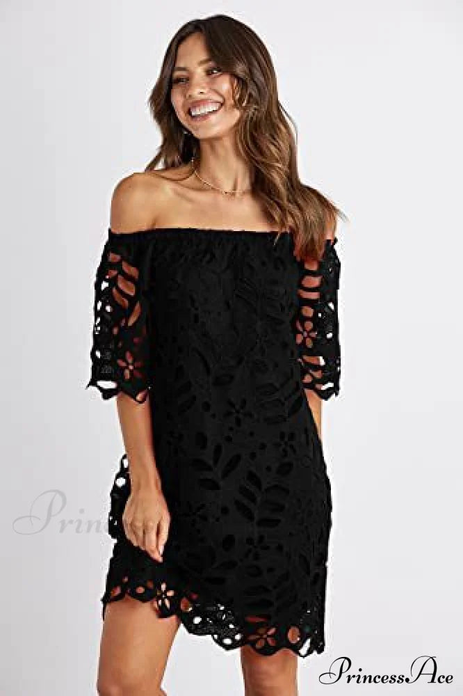 Off The Shoulder Lace Fitted Dress S / Navy Short Sleeve Lace Dress