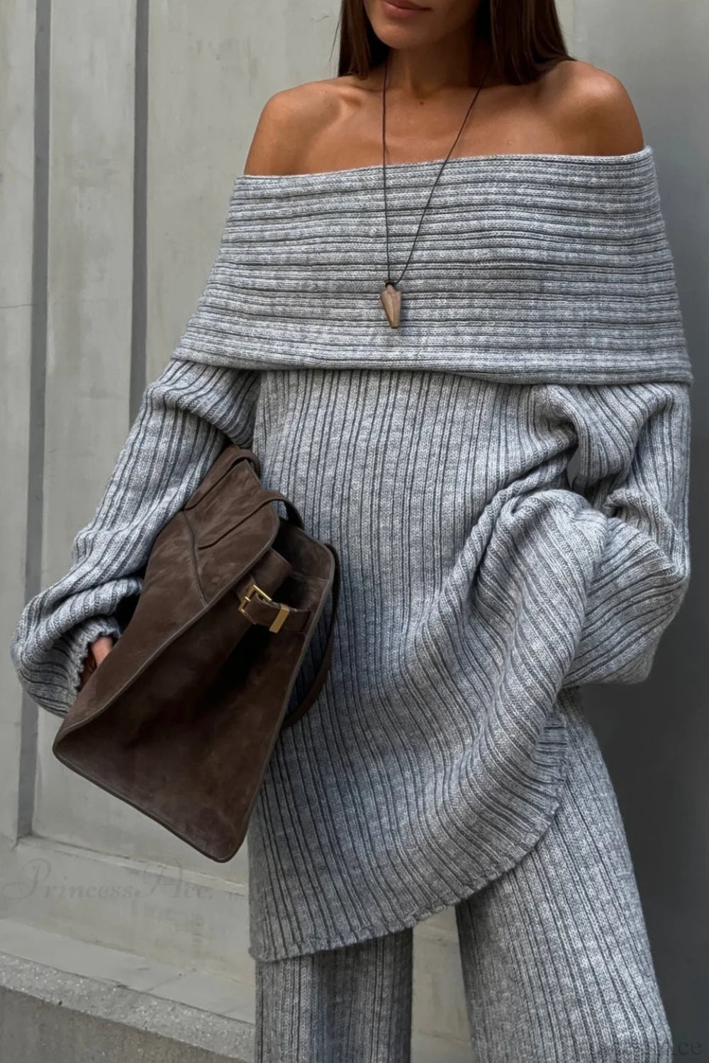 Off-the-Shoulder Ribbed Knit Wide Sleeve Flowy Pants Two Piece Set