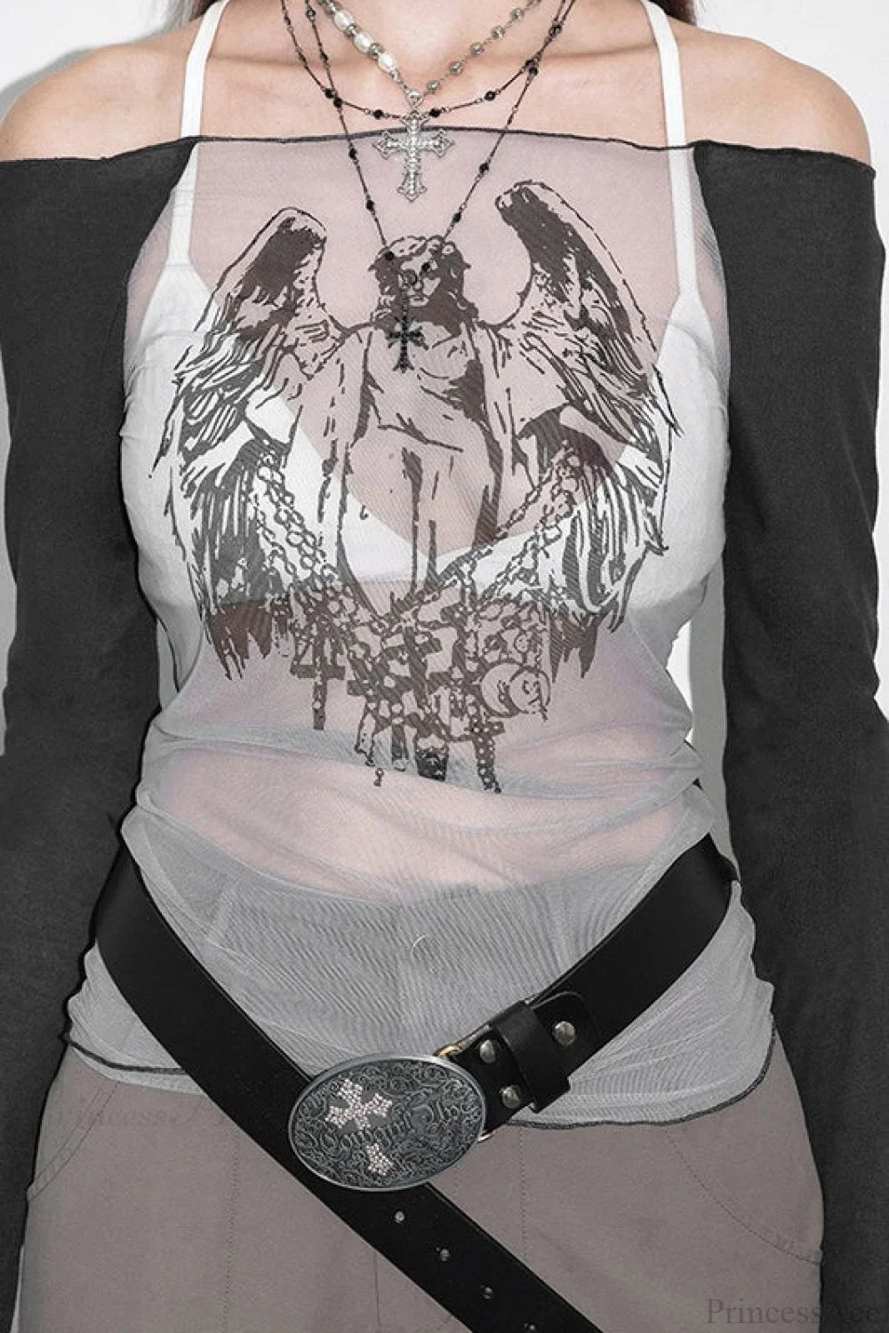 Off-the-shoulder Sheer Mesh Knit Printed Long Sleeve Tee