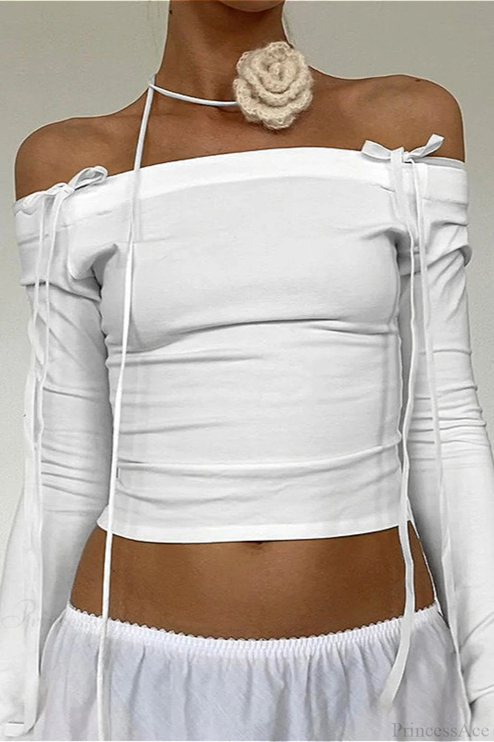 Off-the-Shoulder Tie Detail Fitted Long Sleeve Blouse