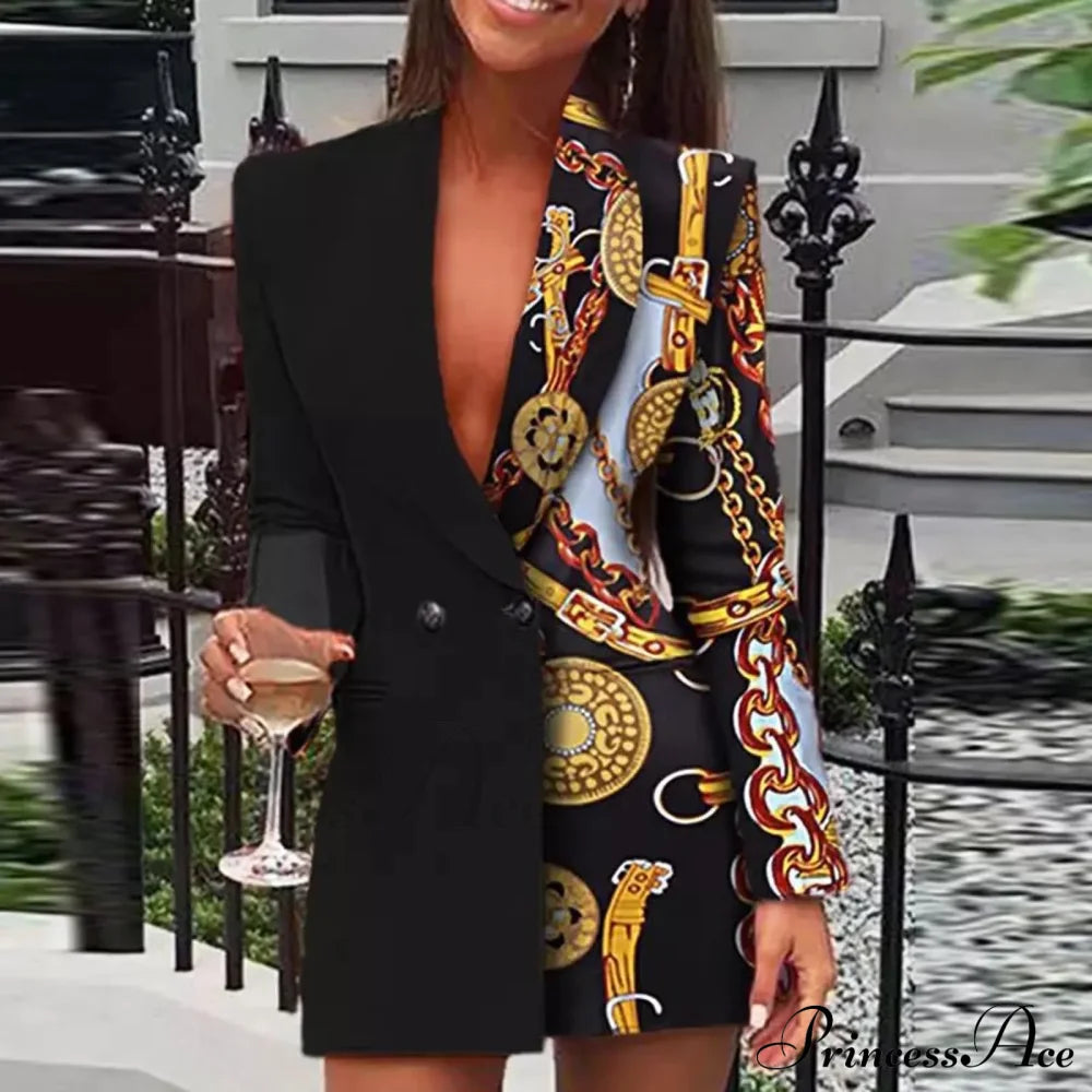 Office Colorblock Patchwork Long Sleeve Blazer Fashion Club Female Sequin Mini Party Vestidos Dress