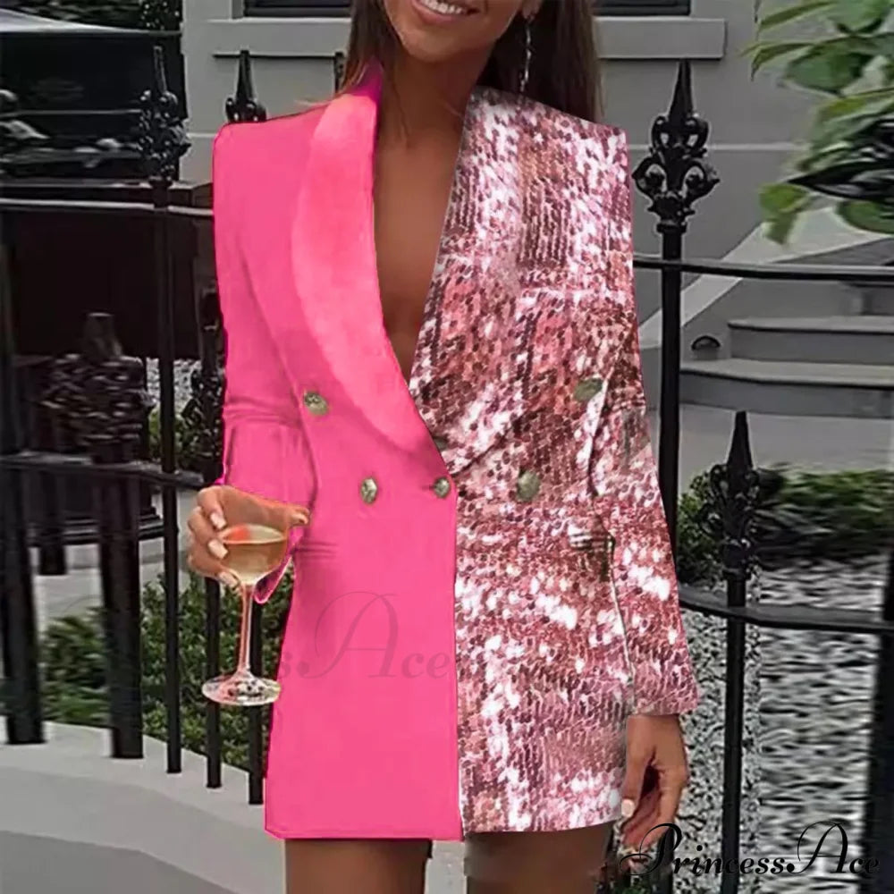 Office Colorblock Patchwork Long Sleeve Blazer Fashion Club Female Sequin Mini Party Vestidos Dress