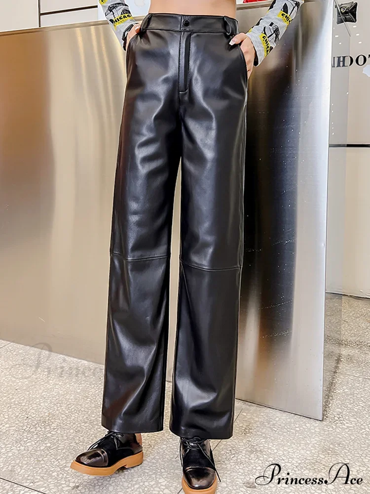 Office Lady Casual Real Sheepskin Wide Leg Genuine Leather Loose Fit Pants