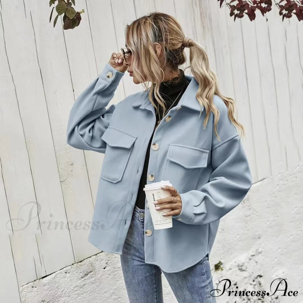 Office Lady Vintage Pockets Trench Jacket Sky-Blue / S