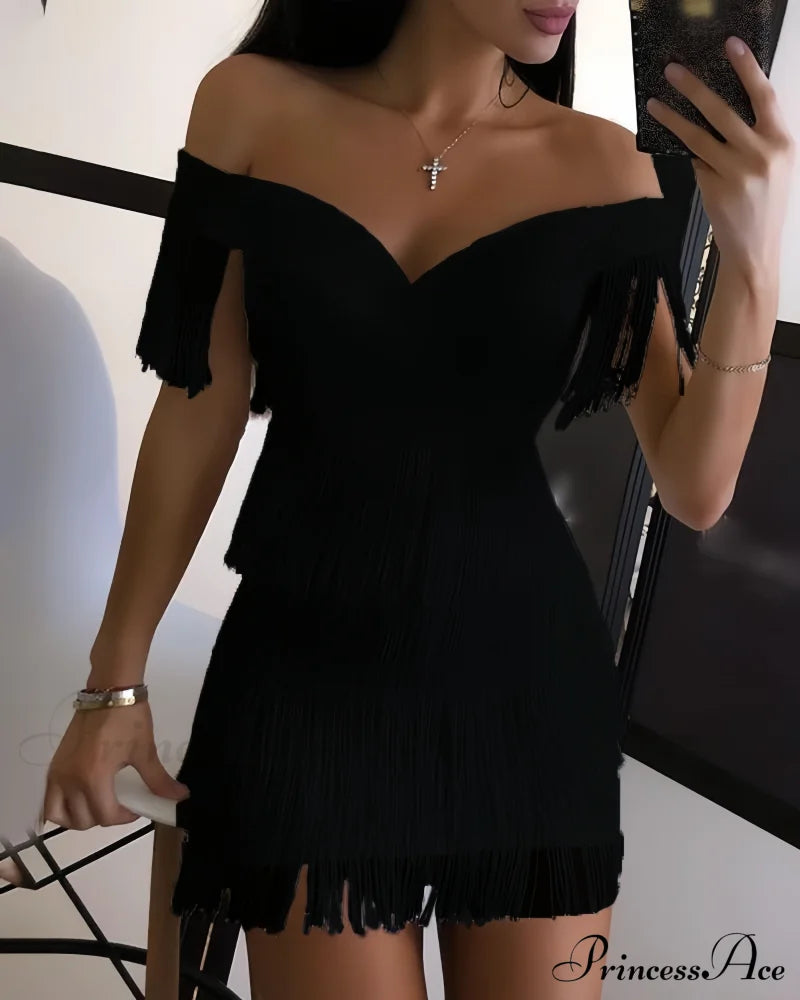 One Shoulder Fringe Slim Fit Bodycon Dress In Black S / White White Bodycon Dress