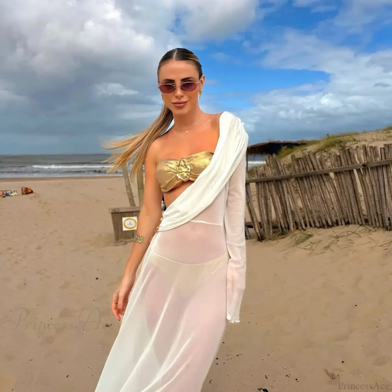 One-Shoulder High Waist Bikini Set Three Piece Swimsuit white2 / S