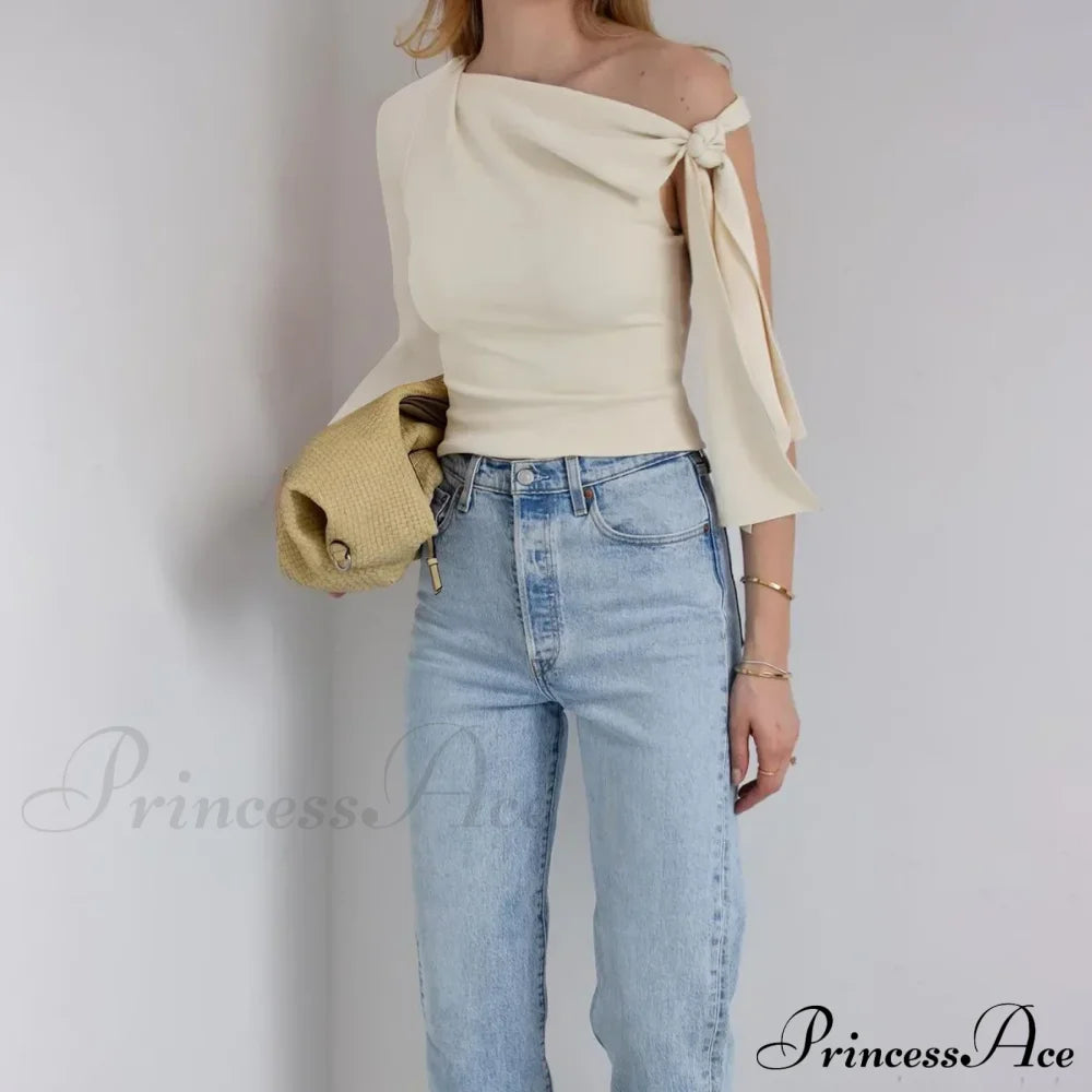 One Shoulder Long Charming Sleeve Tie Up Top Lace Tees