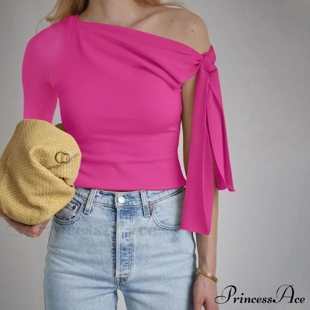 One Shoulder Long Charming Sleeve Tie Up Top Lace Tees