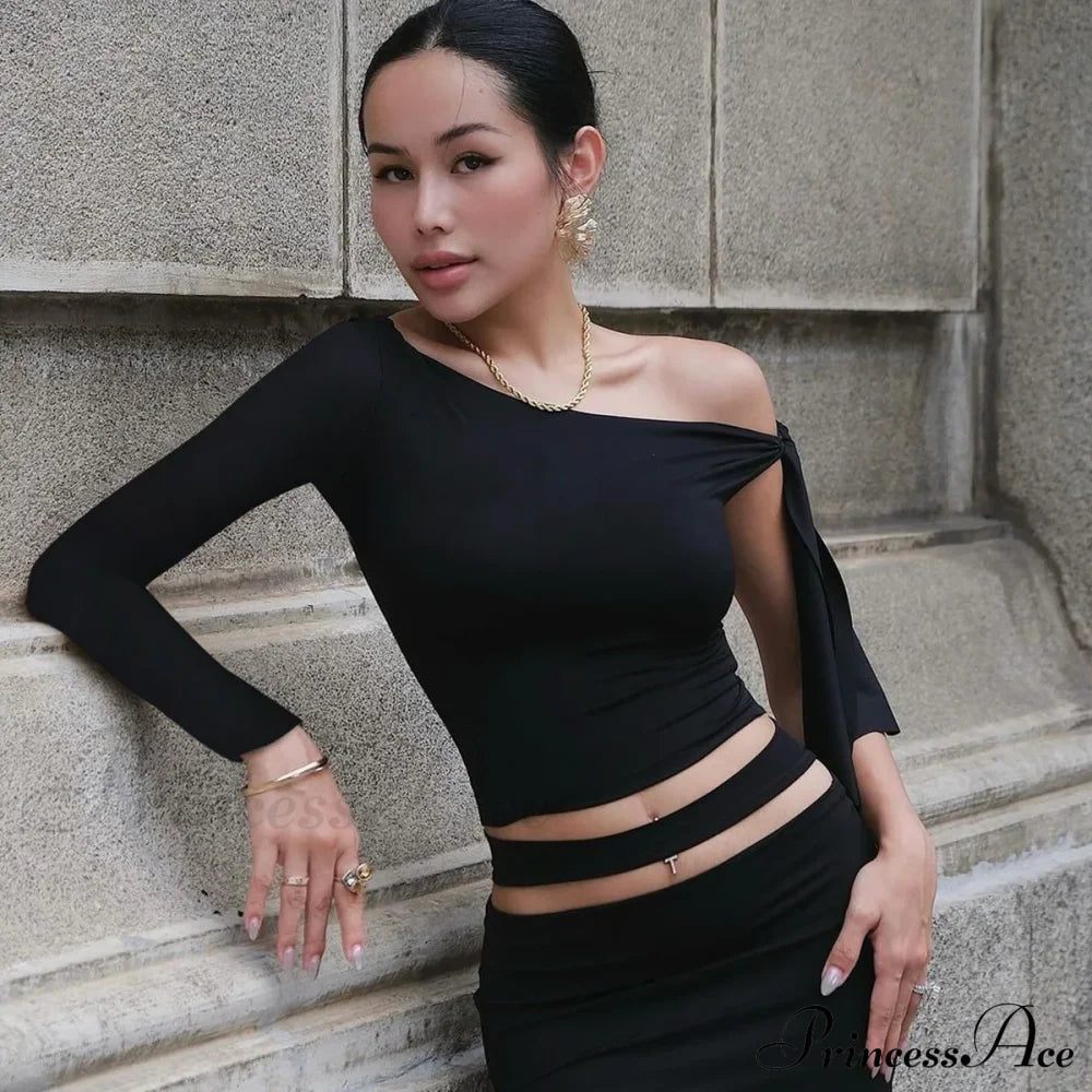 One Shoulder Long Charming Sleeve Tie Up Top Lace Tees