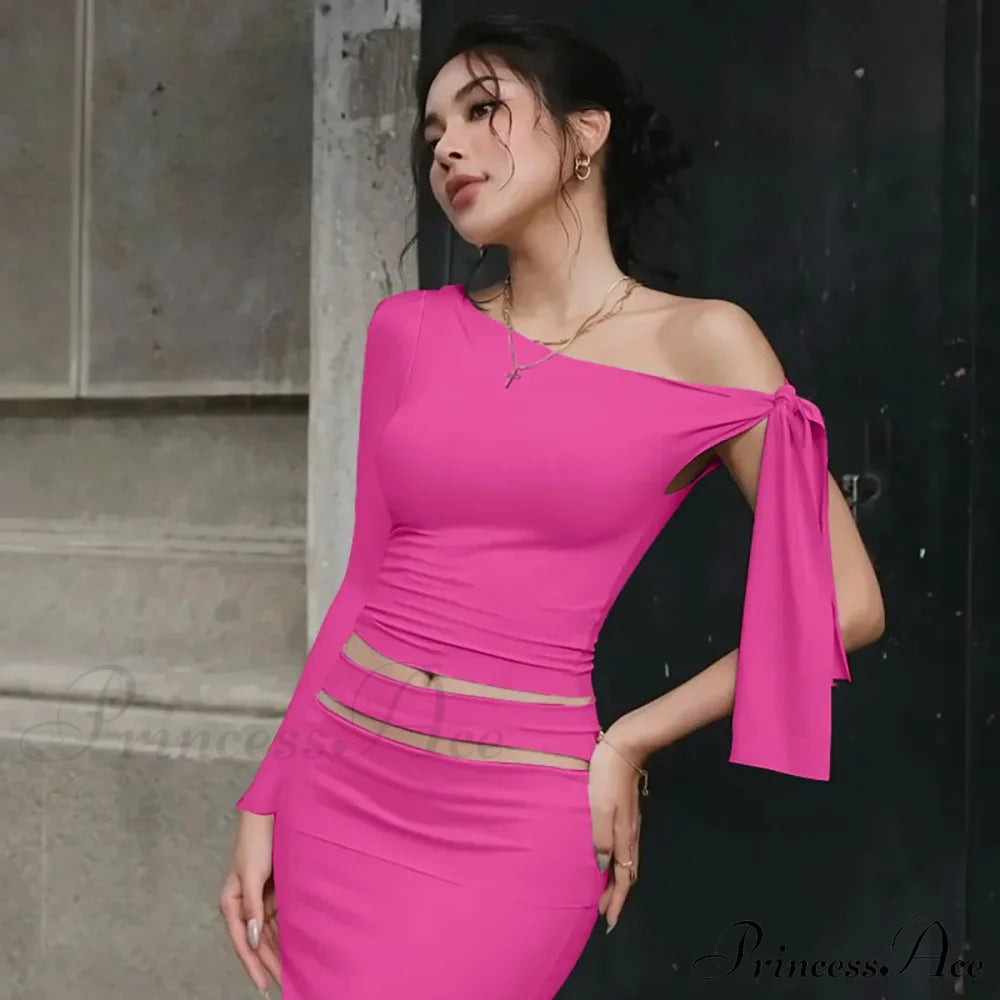 One Shoulder Long Charming Sleeve Tie Up Top Lace Tees