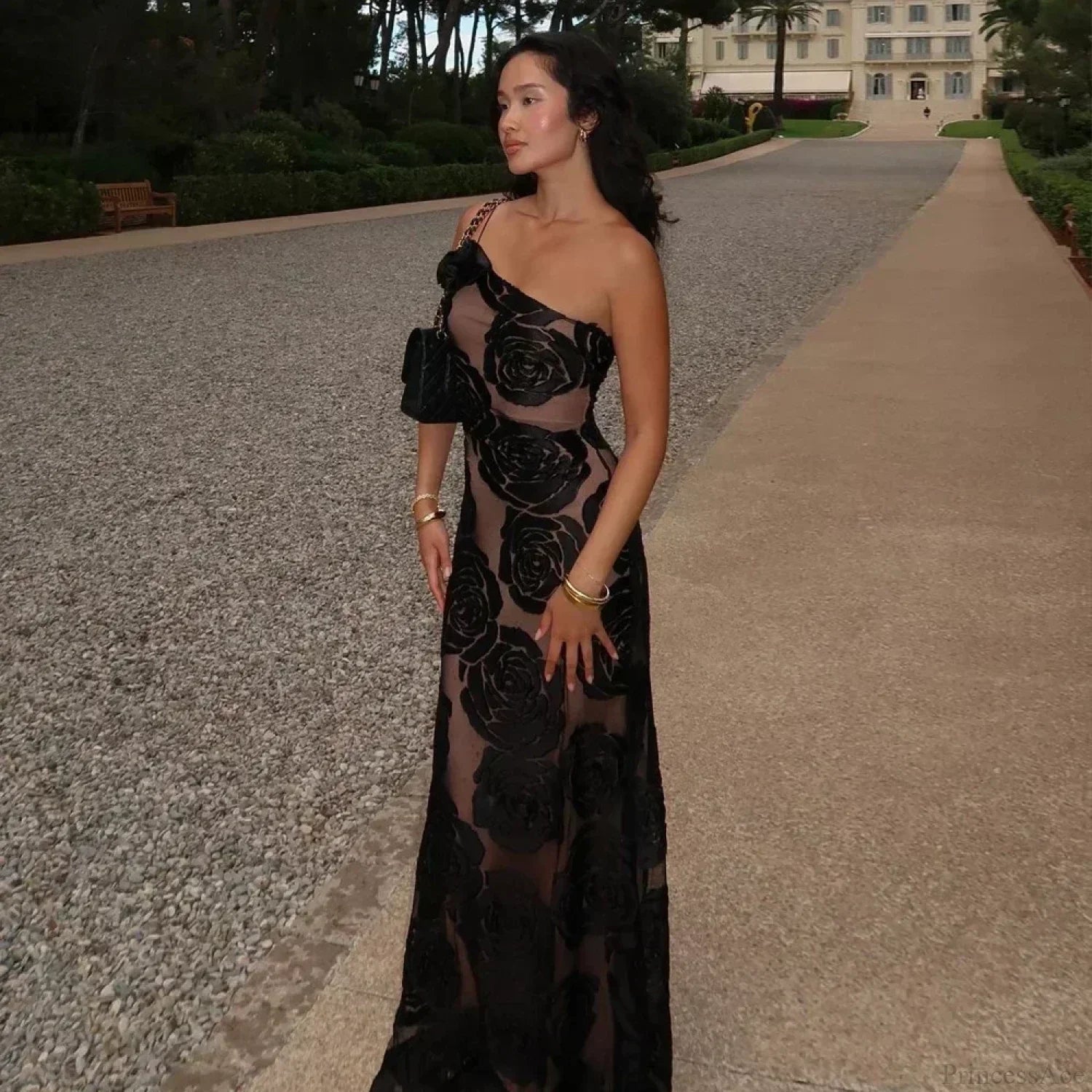 One Shoulder Mesh Maxi Party Dress Partydress-241208