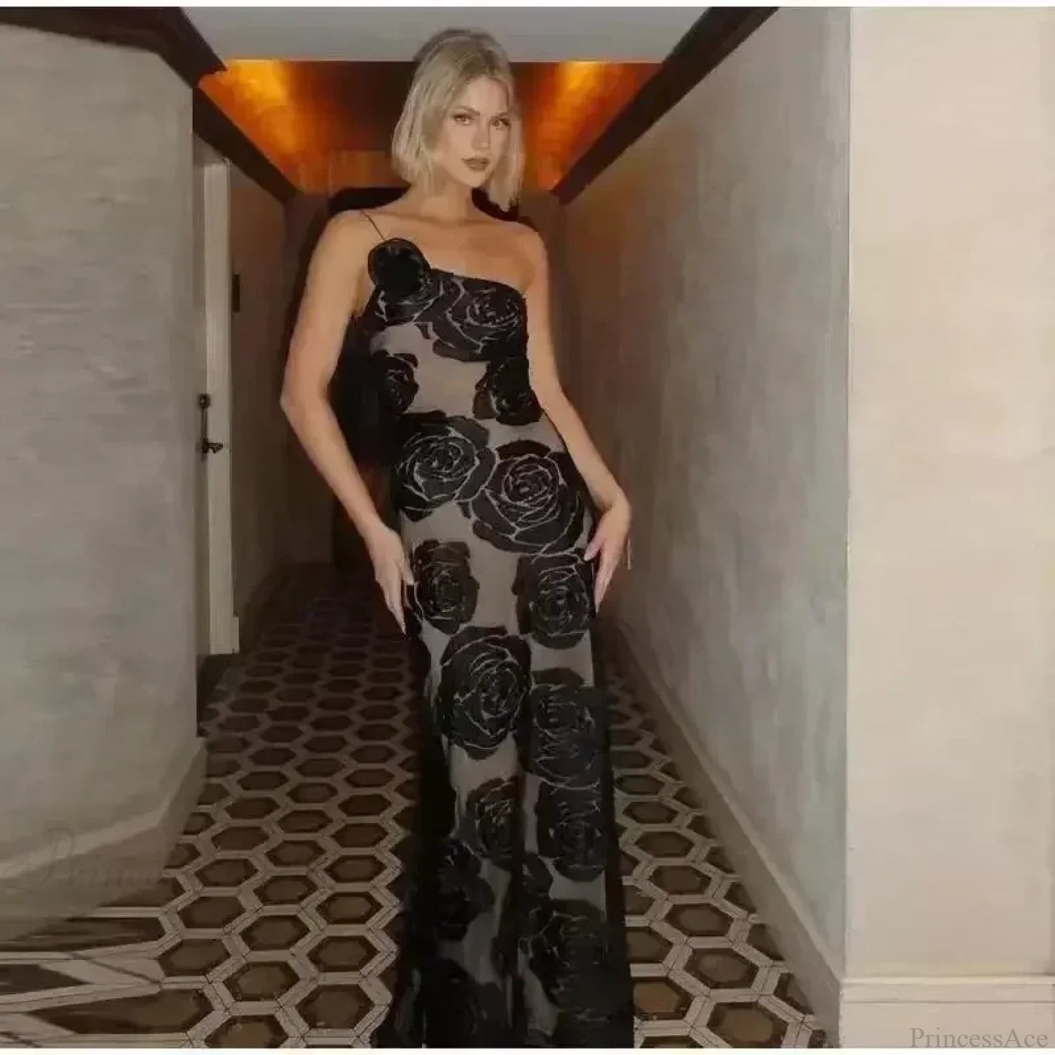 One Shoulder Mesh Maxi Party Dress Partydress-241208