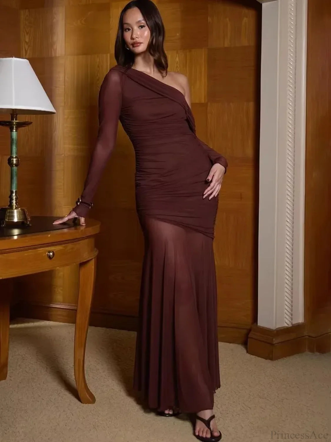 One Shoulder Mesh Maxi Vacation Dress vacationdress-250223