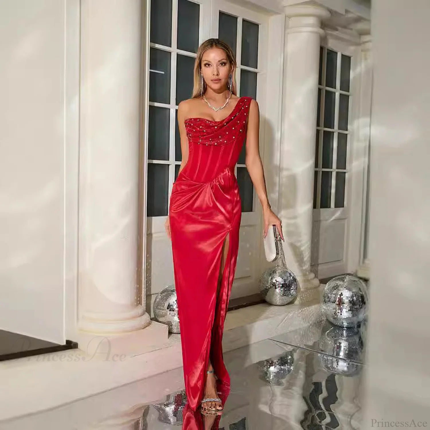One Shoulder Pleated Elegant Ruched Party Prom Dress promdress-250223