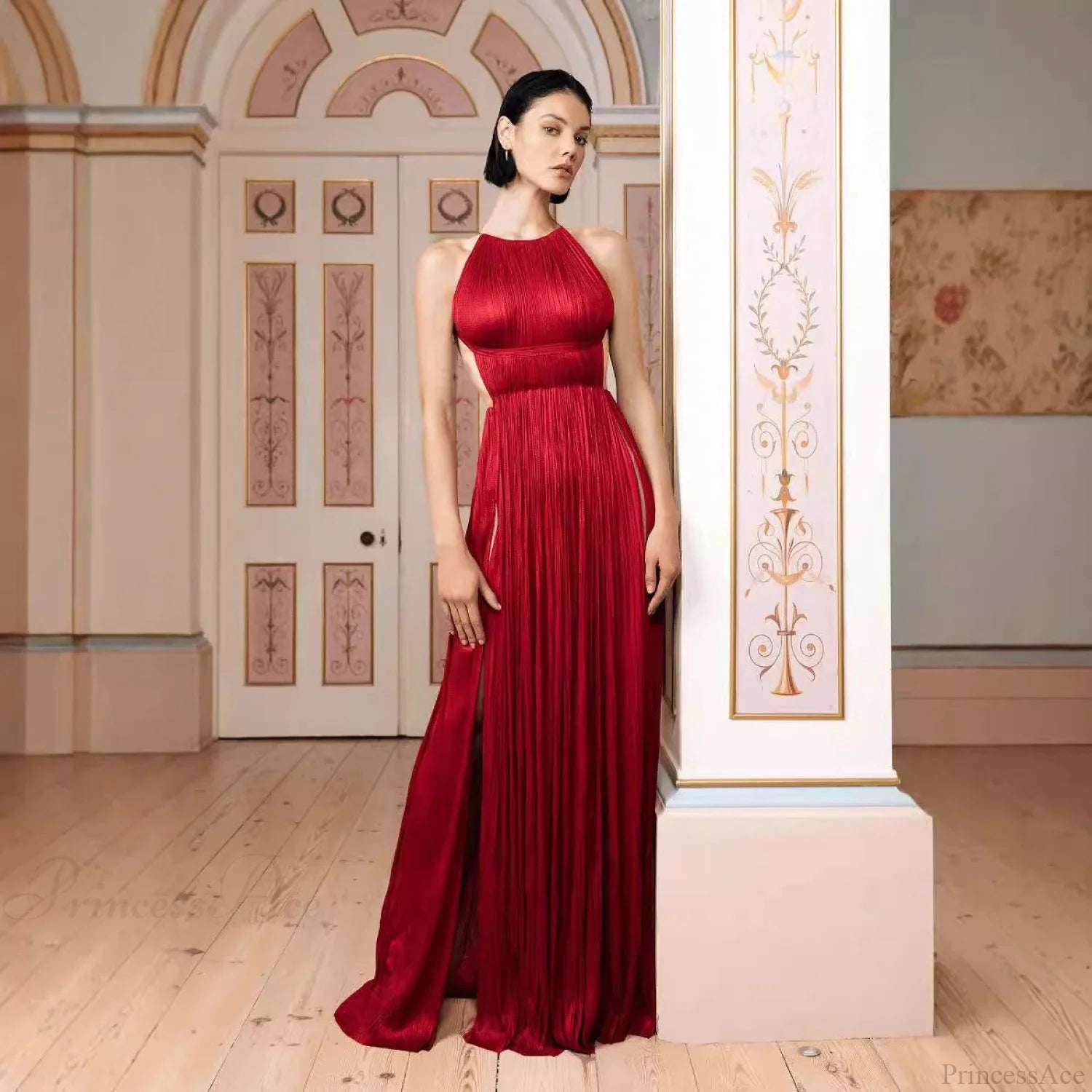 One-Shoulder Pleated Satin Party Prom Dress red / XS promdress-250223