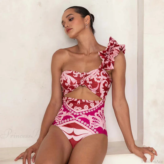 One Shoulder Print Pants Two Piece Set red / S