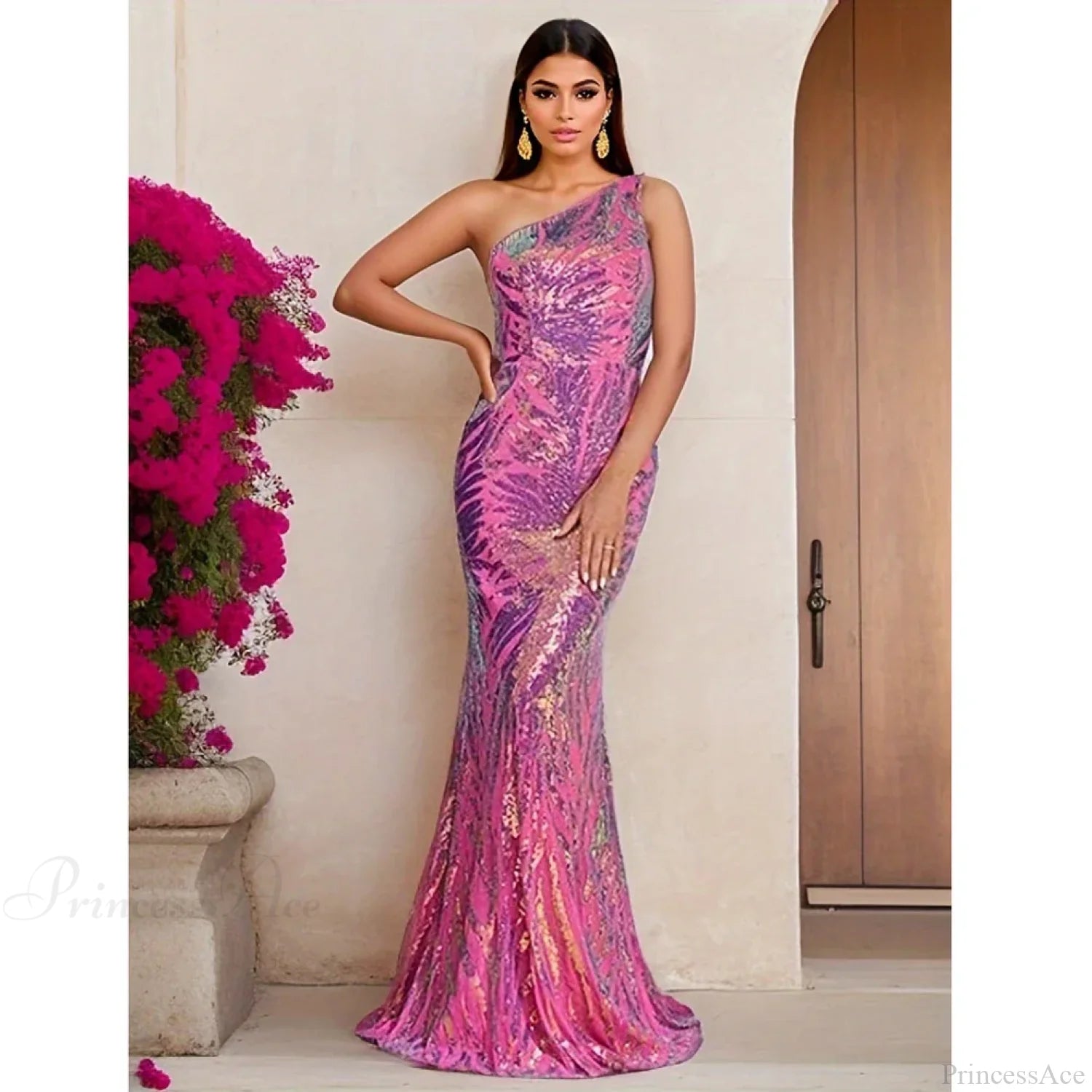 One-Shoulder Sequined Party Dress Fuchsia / S Partydress-241208