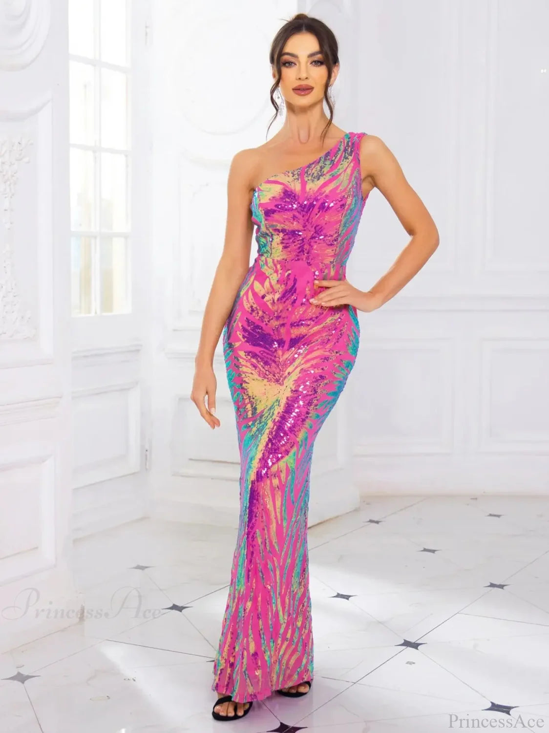 One-Shoulder Sequined Party Dress Partydress-241208