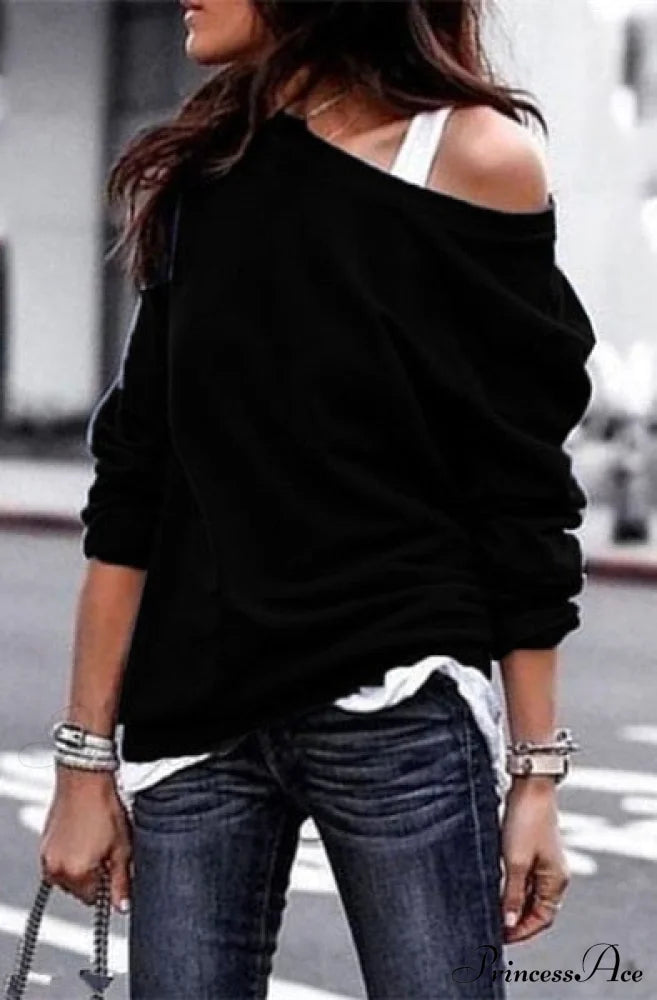 One Sweatshirt Tops Patterned Women’s Heart Shoulder Casual Pullover Top Black Nq2992 / S