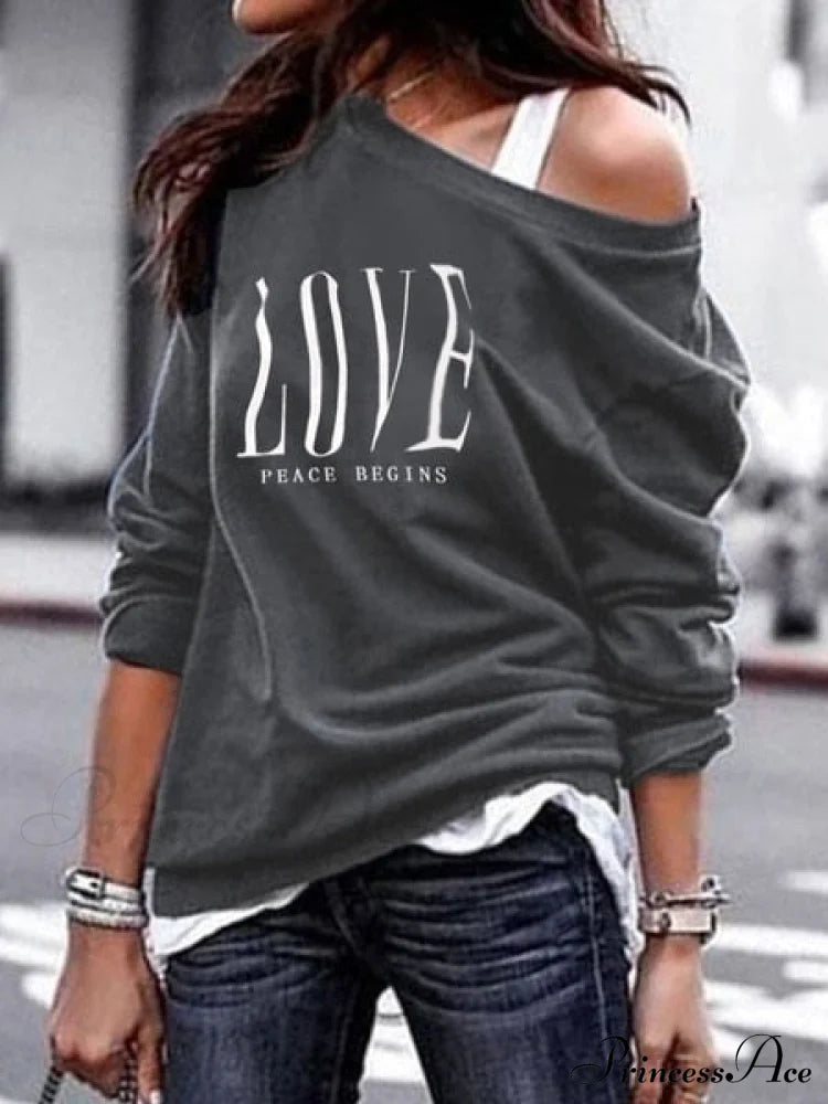 One Sweatshirt Tops Patterned Women’s Heart Shoulder Casual Pullover Top Grey Nq3013 / S