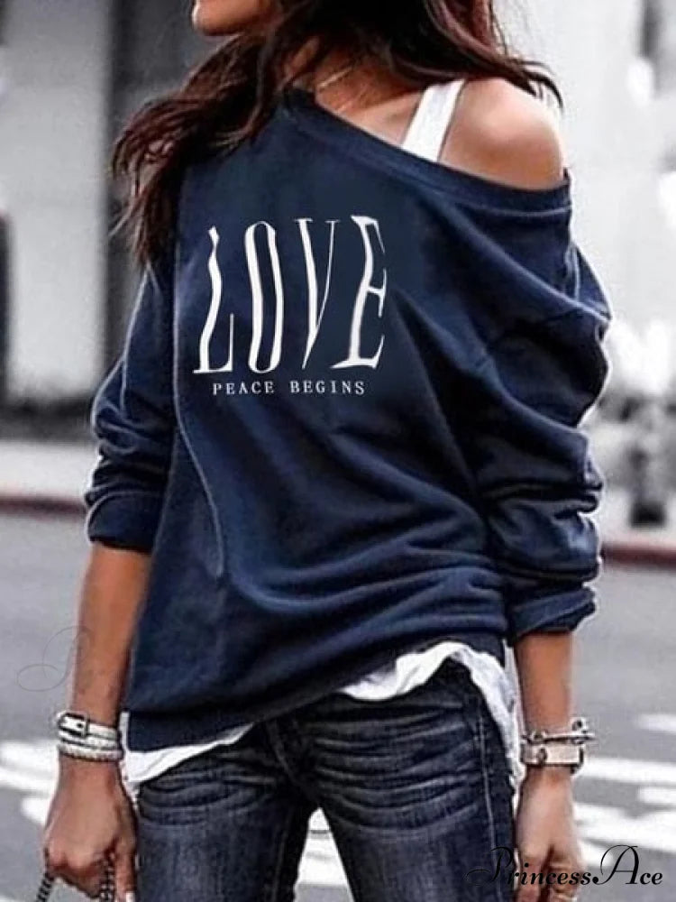 One Sweatshirt Tops Patterned Women’s Heart Shoulder Casual Pullover Top Navy Nq3013 / S