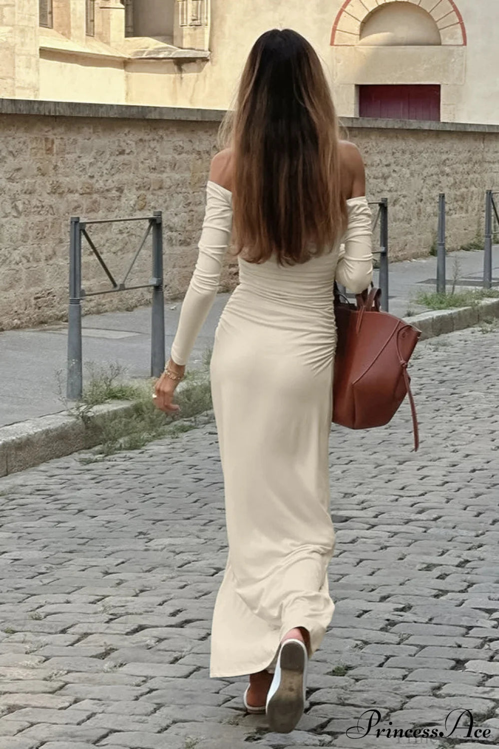 Open Back Sexy Ruched Long Sleeve Off Shoulder Maxi Dress