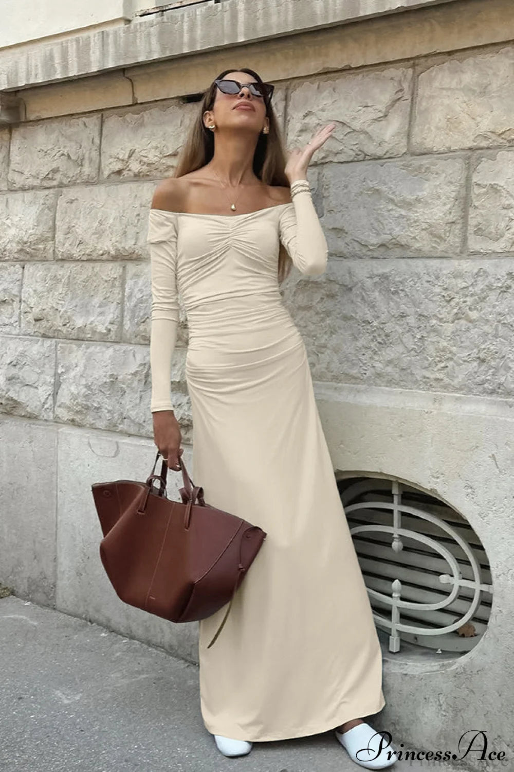 Open Back Sexy Ruched Long Sleeve Off Shoulder Maxi Dress