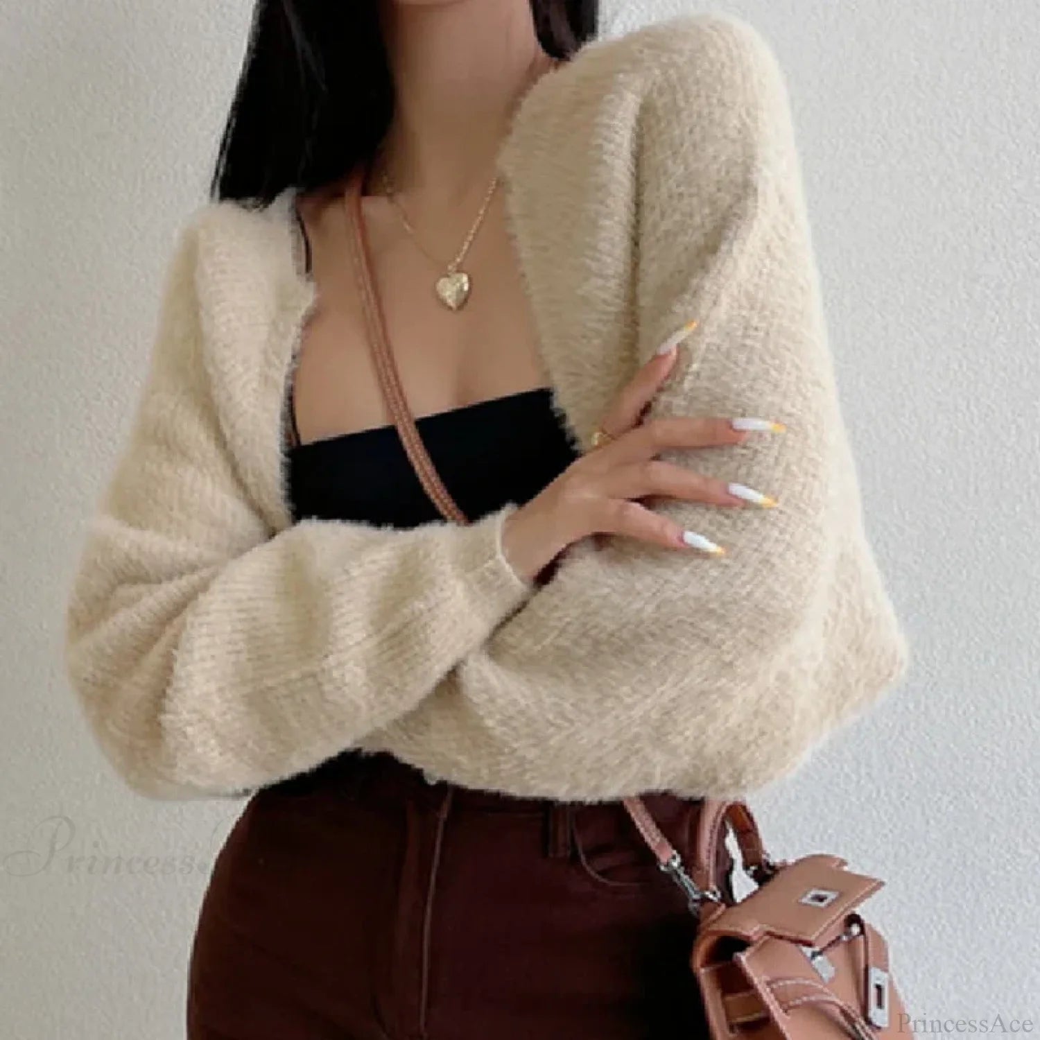 Open Front Cropped Long Sleeve Cardigan Apricot / One Size