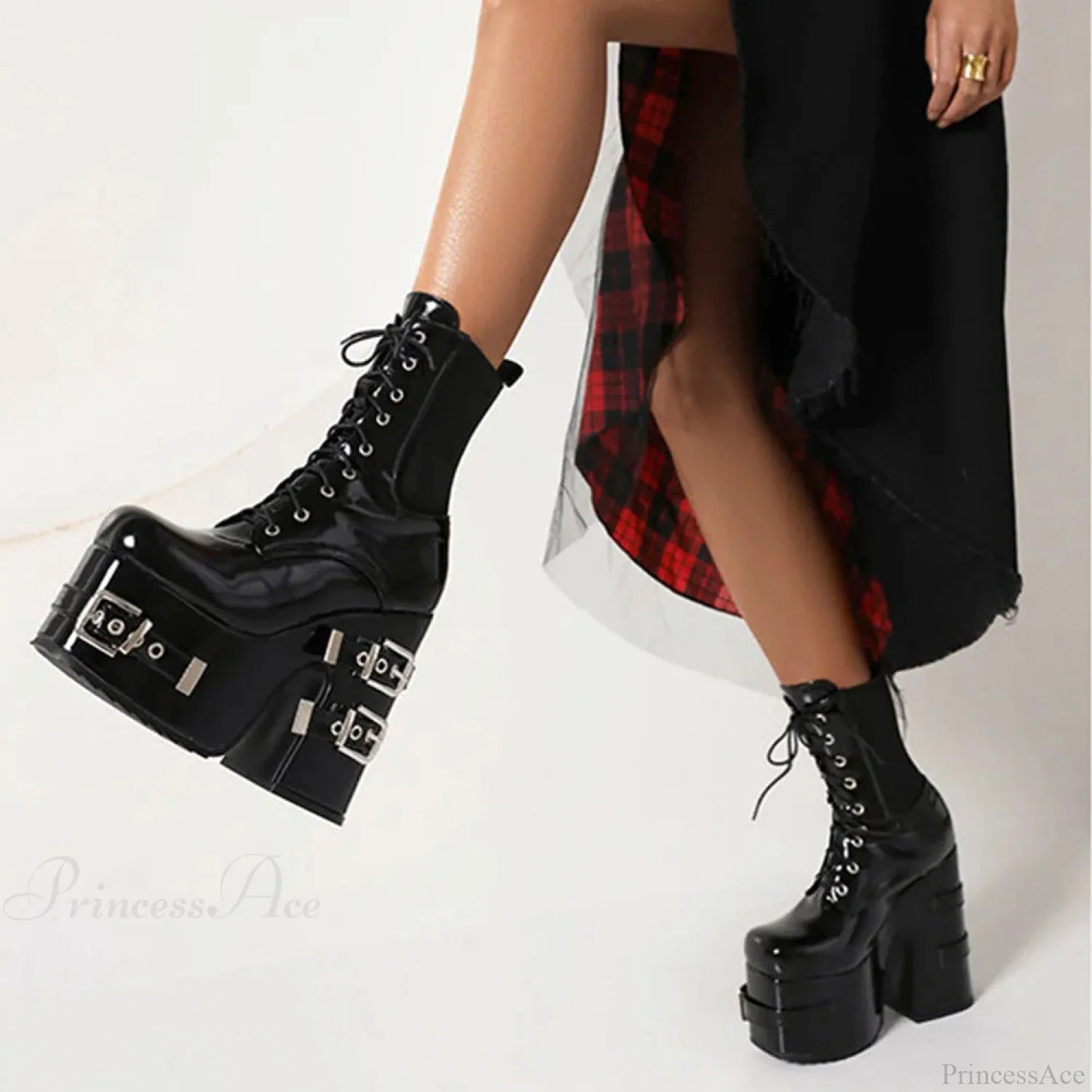 Opulent Metal Clasp Lace-Up Gothic Platform Boot