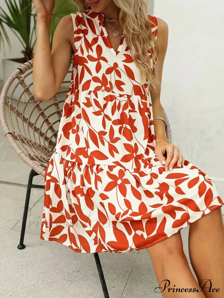 Orange Casual Notched Neck Tiered Dress M / Blue Leaf Summer Dress