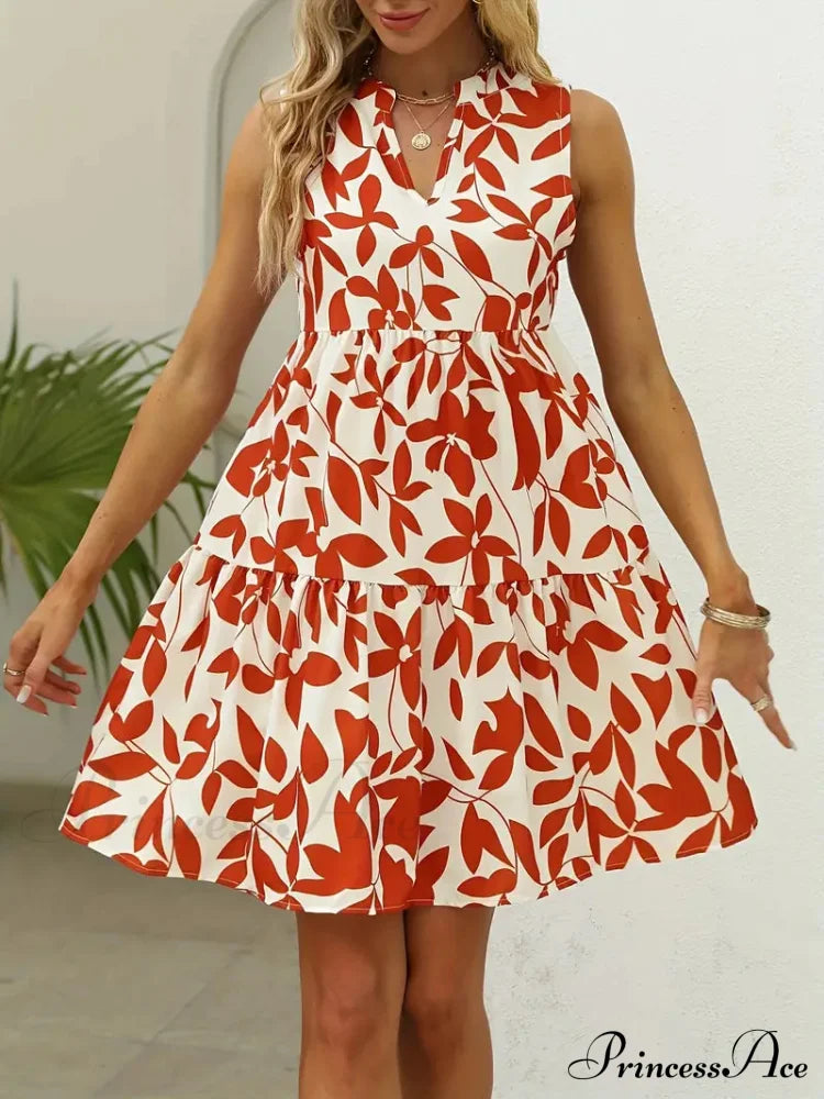 Orange Casual Notched Neck Tiered Dress S / Black Leaf Summer Dress