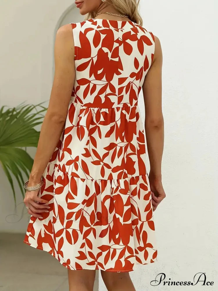 Orange Casual Notched Neck Tiered Dress S / Blue Leaf Summer Dress