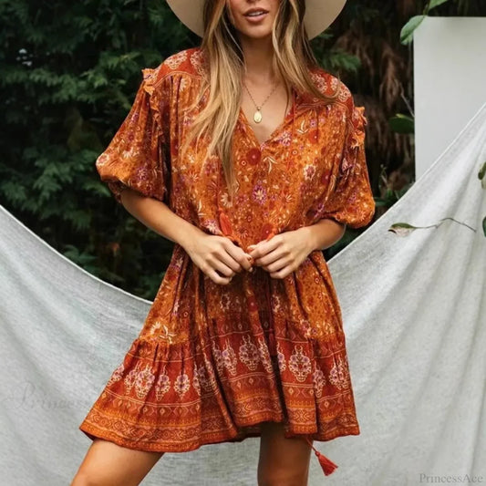 Orange Floral Print Lantern Sleeve Tassel Rayon Mini Boho Dress Orange / S bohodress-250126