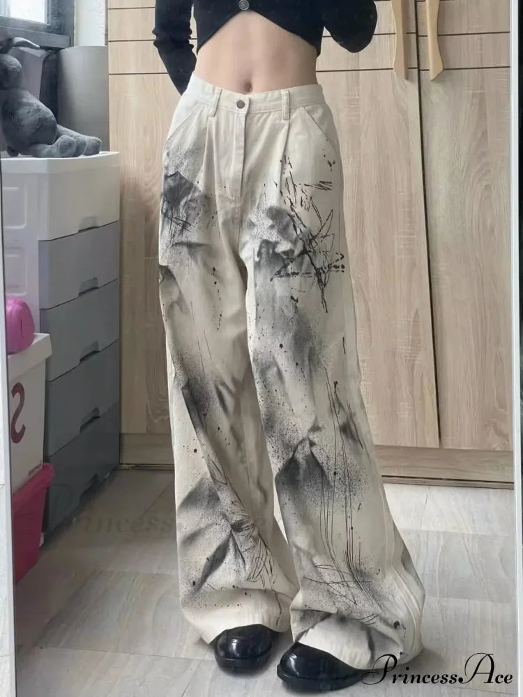 Original Speckler Artist Ink Graffiti Loose Straight Tube Casual Women’s Jean Apricot / S