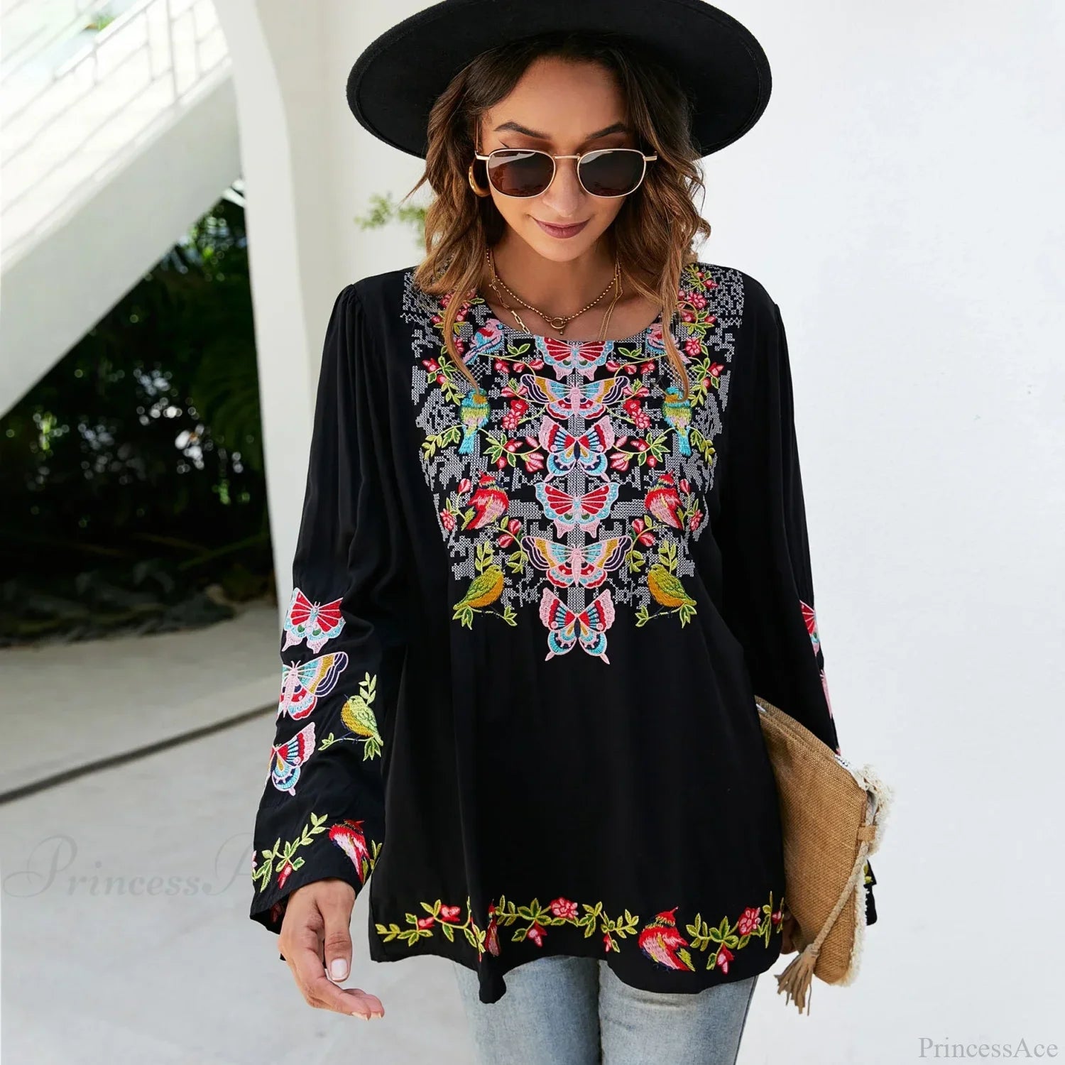 Oversize Floral Embroidery Loose Cotton Boho Blouse bohoblouse-250126