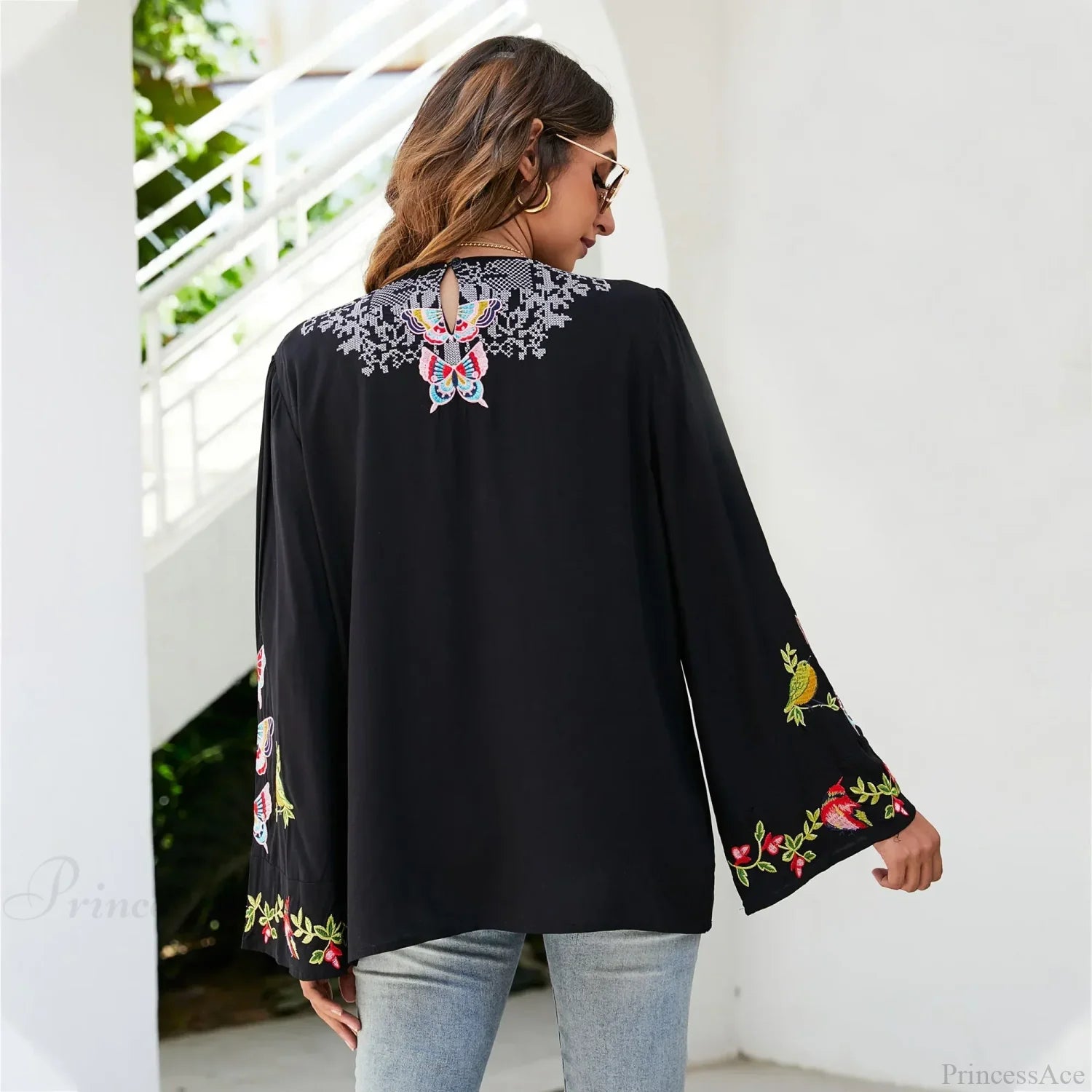 Oversize Floral Embroidery Loose Cotton Boho Blouse bohoblouse-250126