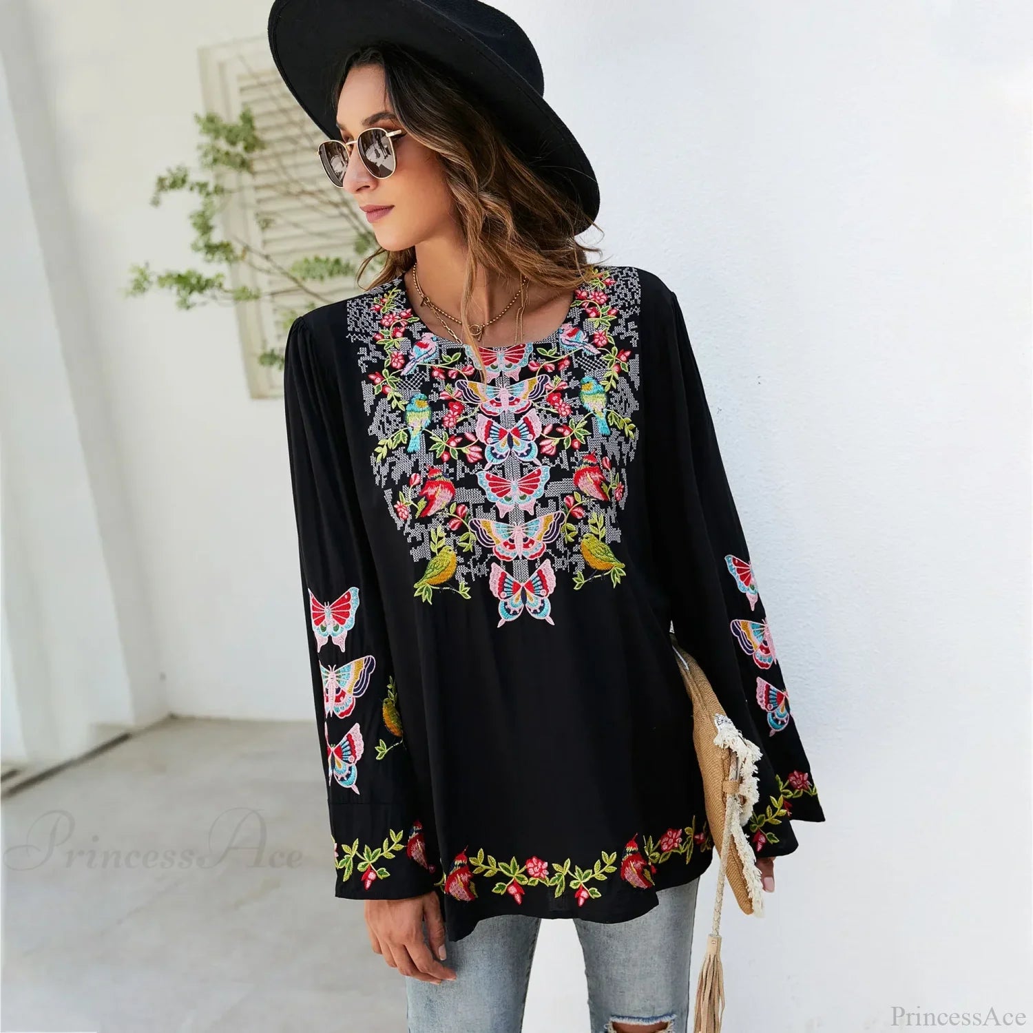 Oversize Floral Embroidery Loose Cotton Boho Blouse bohoblouse-250126