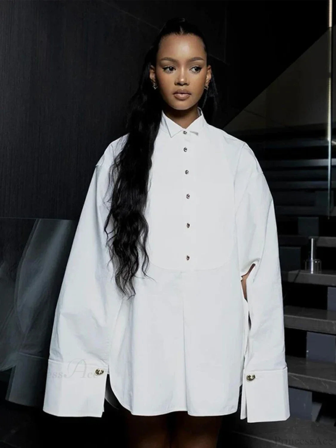 Oversize White Lapel Full Sleeve Side Split Blouse blouse-250126