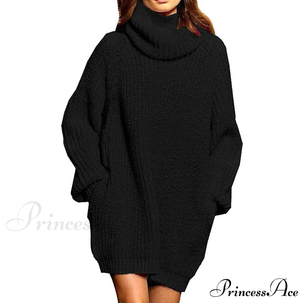 Women's Loose Turtleneck Oversize Long Pullover Sweater Dress Black __stock:100 casual dresses clothes dresses refund_fee:1200