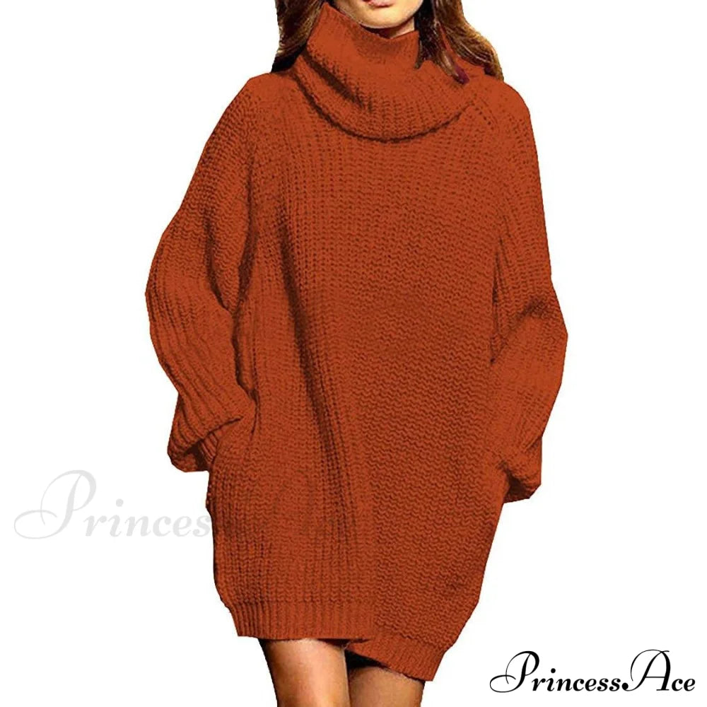 Women's Loose Turtleneck Oversize Long Pullover Sweater Dress Brown __stock:100 casual dresses clothes dresses refund_fee:1200