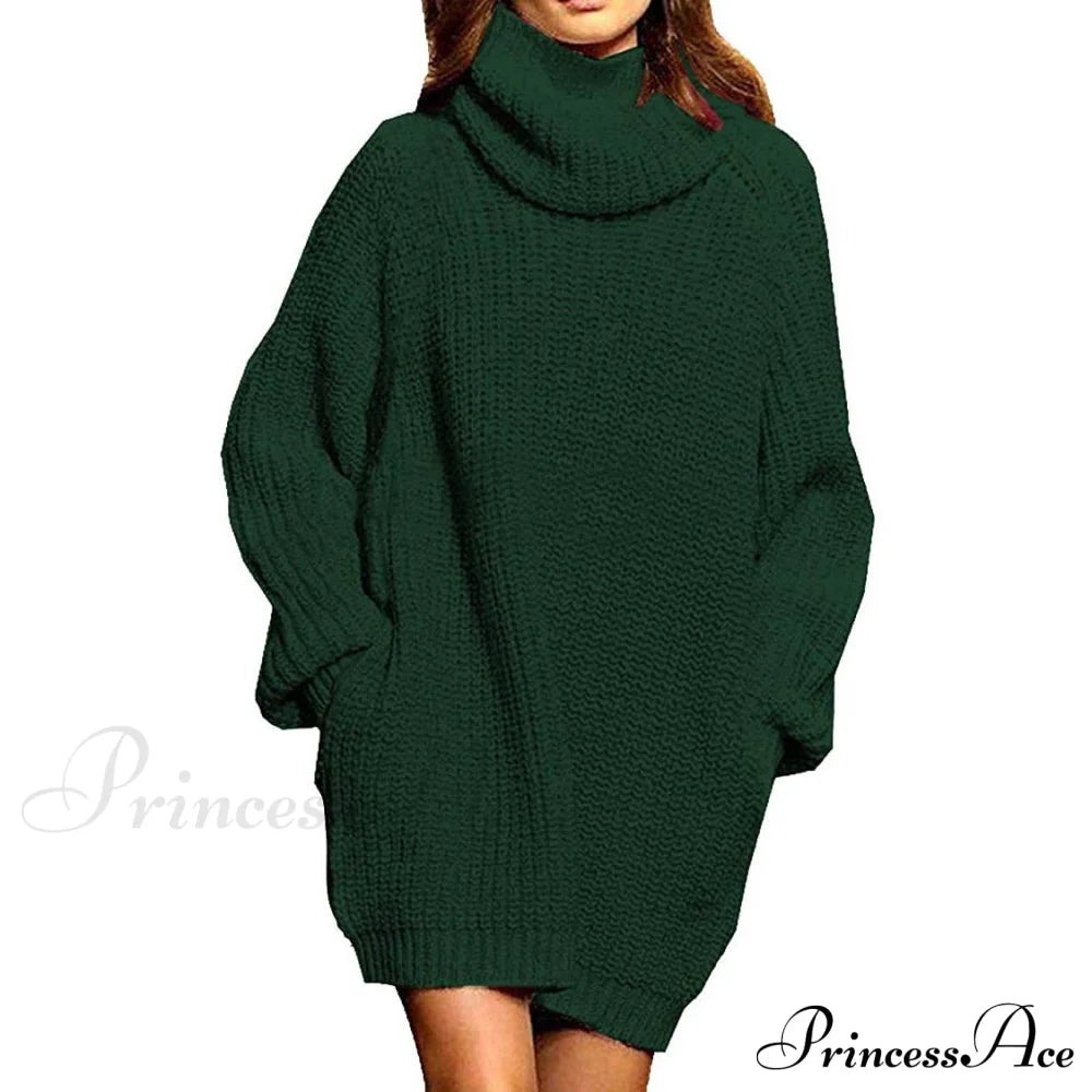 Women's Loose Turtleneck Oversize Long Pullover Sweater Dress Dark Green __stock:100 casual dresses clothes dresses refund_fee:1200