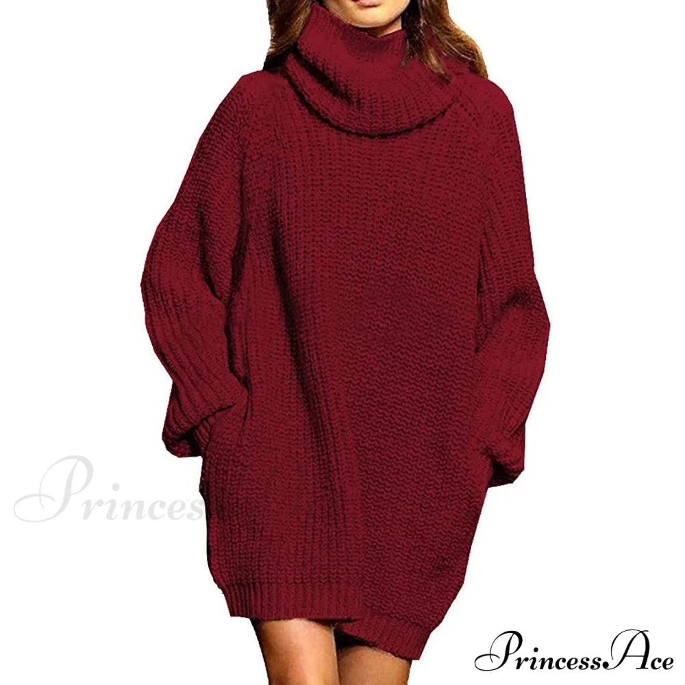 Women's Loose Turtleneck Oversize Long Pullover Sweater Dress Wine Red __stock:100 casual dresses clothes dresses refund_fee:1200