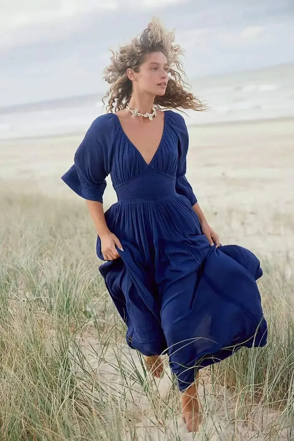 Oversized Backless Deep V Cotton Boho Dress bohodress-250126