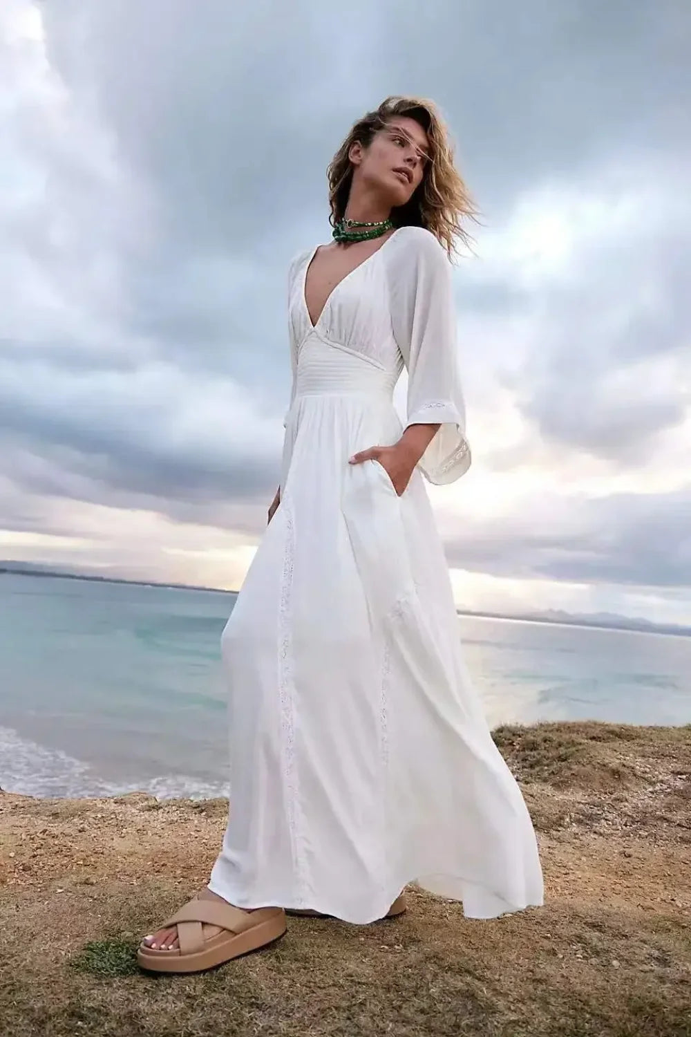 Oversized Backless Deep V Cotton Boho Dress WHITE / S bohodress-250126