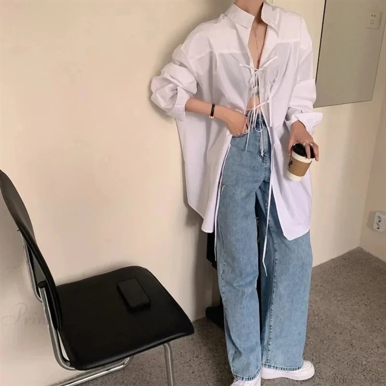 Oversized Bandage Long Sleeve Streetwear White Blouse blouse-250126