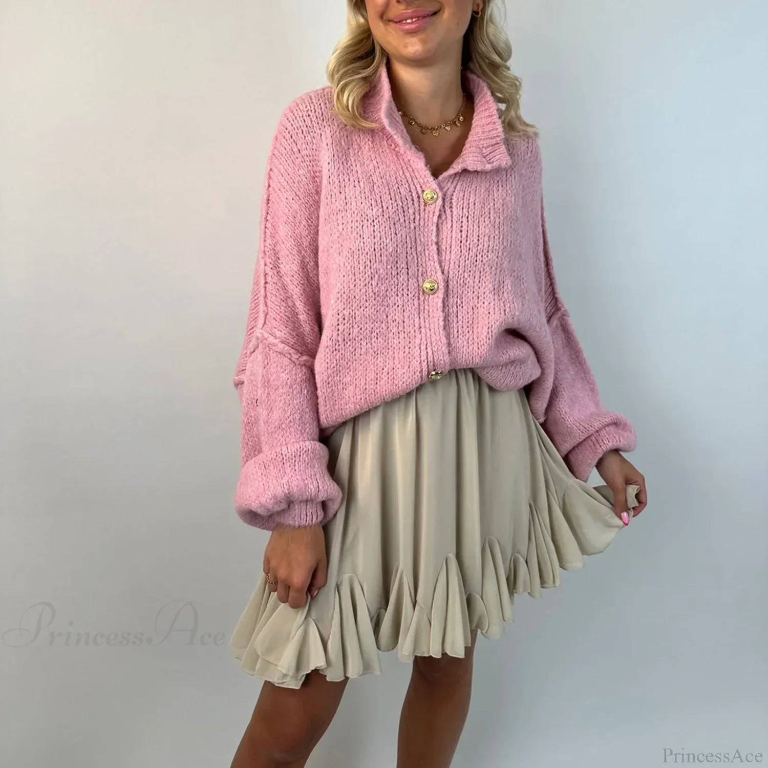 Oversized Button Down Chunky Knit Cardigan pink / S