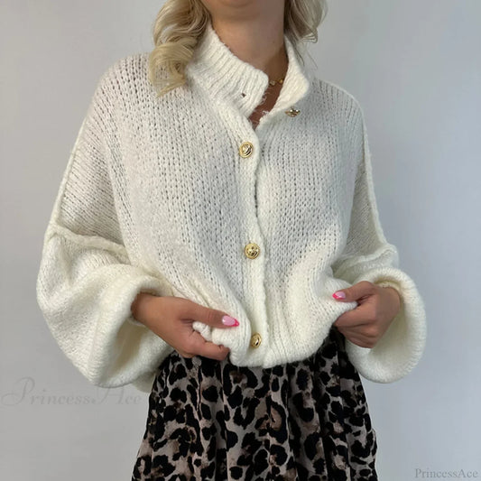 Oversized Button Down Chunky Knit Cardigan white / S